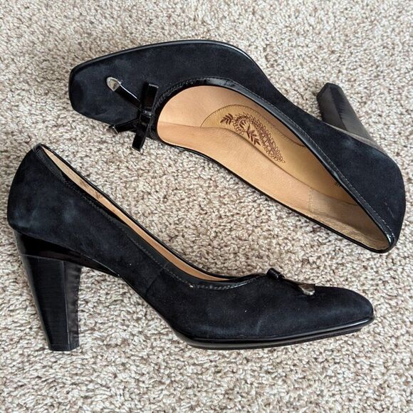 Sofft Pumps Womens 11 Black Leather Square Toe Bow Patent Accents Comfort Career - Picture 3 of 7